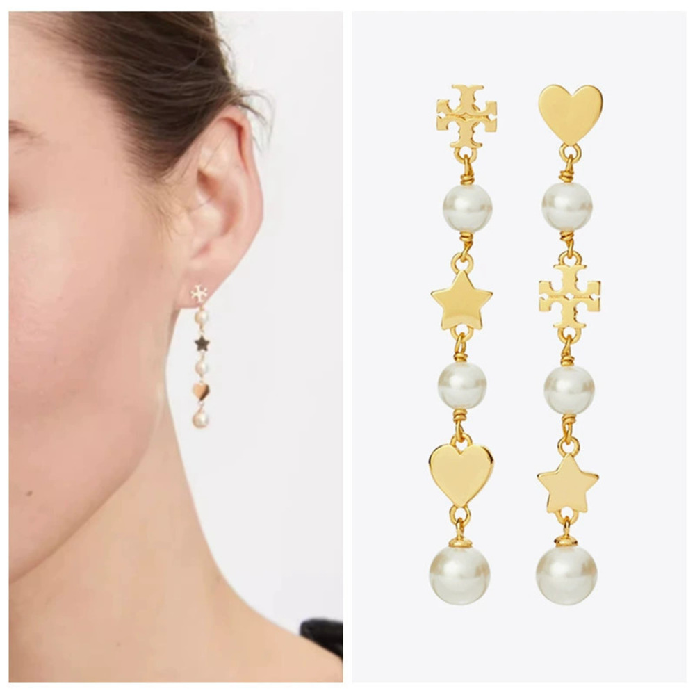 Tory Burch Faux Pearl Heart Star Asymmetric Linear Stud Earrings